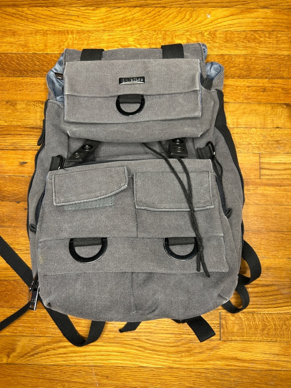 Men's Gray Canvas Utility Backpack with Multiple Pockets